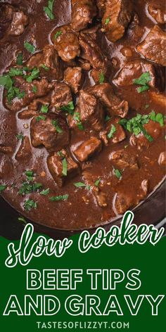 slow cooker beef tips and gravy in a skillet with text overlay