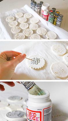 the process for making cookies is shown in three different pictures, including one being decorated with icing