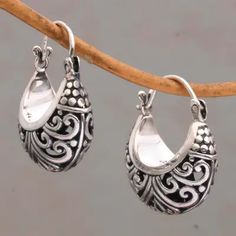 Sterling Silver Swirling Hoop Earrings from Bali - Stupa Vines | NOVICA Silver Earrings Handmade, Sterling Silver Hoop Earrings, Sterling Silver Hoops, Jewelry Packaging, Jewelry Earrings Hoops, Pretty Jewellery, Silver Hoops, Silver Hoop Earrings, Jewelry Gift Box