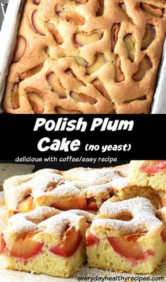 a cake that has been cut into pieces with the words polish plum cake on top