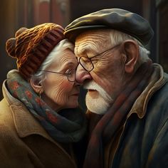 an older couple is looking into each other's eyes