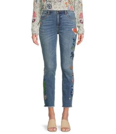 From JOHNNY WAS&#x2C; these jeans feature:Stretch denim fabricationSkinny leg5 pocket style Belt loops Embroidered detailsStraight hemlineButton/zip fly closureApprox. 27" inseam Cotton/polyester/lycraMachine wash/tumble dry Imported. High Rise Floral Embroidered Jeans, High Rise Jeans With Floral Embroidery, Medium Wash Bottoms With Floral Embroidery For Fall, Floral Embroidered Straight Leg Jeans, Embroidered Stretch Straight Leg Jeans, Fall Straight Leg Bottoms With Floral Embroidery, Fall Denim Pants With Floral Embroidery, Fitted Straight Leg Bottoms With Floral Embroidery, Embroidered Pants