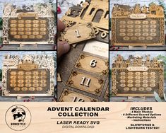 an assortment of wooden calendars with numbers and images on them, including the number one