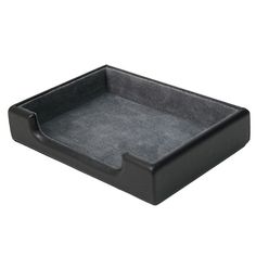 a black tray that is on top of a white surface and has a gray bottom