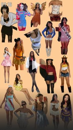 many different pictures of women in costumes and hair styles, all with their names on them