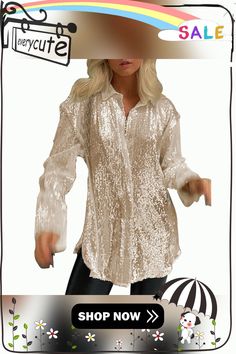 Champagne Sequined Party Wear Long Sleeve Shirt Elegant V-neck Party Shirt, Festive V-neck Top For Party Season, Trendy V-neck Blouse For Party, Elegant Long Sleeve Sequin Shirt, Glamorous Button-up Tops For Fall, Spring V-neck Party Shirt, Long Sleeve Tops For Winter Holiday Party, Casual Blouse For Fall Party, Casual Fall Party Blouse