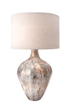 a table lamp with a white shade on it