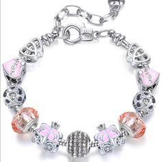 Charms Bracelet For Girls And Women Murano Glass Beads Charms Bracelets Metal Bracelets With Heart Beads, Multicolor Heart Beads Charm Bracelet, Pink Metal Jewelry With Silver Beads, Pink Metal Jewelry With Colorful Beads, Silver Crystal Bracelet With Heart Shaped Beads, Silver Crystal Bracelet With Heart And Round Beads, Metal Heart Beads Bracelets For Party, Metal Bracelets With Heart Beads For Party, Silver Beaded Charm Bracelet