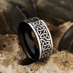 Men Silver Black Irish Celtic Trinity Knot Ring Band Stainless Steel Jewelry 8MM | eBay Metal Jewelry With Black Band For Gift, Symbolic Black Stainless Steel Rings, Gothic Black Stainless Steel Rings, Symbolic Black Promise Ring Jewelry, Symbolic Black Jewelry For Promise Ring, Symbolic Black Promise Ring, Symbolic Black Jewelry For Promise, Symbolic Black Round Jewelry, Black Symbolic Adjustable Rings