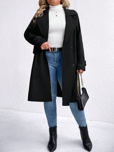 Plus Size Women Solid Color Stand Collar Long Sleeve Long Loose Casual Trench Coat, Autumn Black Casual  Long Sleeve Fabric Plain Regular Non-Stretch  Women Plus Clothing, size features are:Bust: ,Length: ,Sleeve Length: Plus Size Trench Coat, Casual Trench Coat, Double Breasted Overcoat, Smocked Skirt, Grey Colour Suit, Fleece Tights, Belted Trench Coat, Womens Tights, Woolen Coat