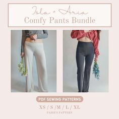 two different pants with flowers on them and the text below it reads, sela & aria comfy pants bundle