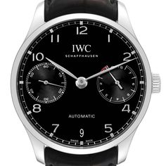 IWC Portuguese Chrono 7 Day Black Dial Steel Mens Watch IW500703. Automatic self-winding chronograph movement. Stainless steel case 42.3 mm in diameter. Exhibition transparent sapphire crystal caseback. . Scratch resistant sapphire crystal. Black dial with raised Arabic numerals. Leaf shaped hands. Date window at 6 o'clock. 60 seconds and 7 days power reserve sub-dials. Minute markers around the outer rim. Black leather strap with stainless steel deployant buckle. Classic Watches With Tachymeter For Formal Occasions, Classic Formal Watches With Tachymeter, Classic Black Chronograph Watch, Elegant Black Chronograph Watch With Subdials, Elegant Chronograph Watch With Tachymeter For Formal Occasions, Classic Automatic Chronograph Watch For Formal Occasions, Classic Business Watches With Tachymeter, Timeless Black Watch With Subdials, Elegant Black Chronograph Watch