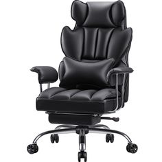 an office chair with black leather upholstered on the back and footrests