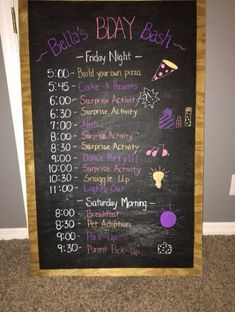 a chalkboard sign with some writing on it that says bella's day bash