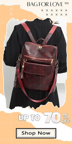 BagForLove - Burgundy Medium Classic Backpack With Fashionable Tassel Decor - Ideal For Women, Rookies, And White-Collar Professional Brown Leather Satchel Backpack For On-the-go, Burgundy Leather Backpack With Adjustable Strap, Leather Burgundy Backpack With Adjustable Strap, Red Satchel Backpack For On-the-go, Red Leather Backpack With Adjustable Strap For On-the-go, Tassel Decor, Tassels Decor, Classic Backpack