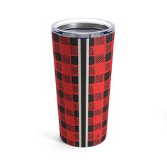 a red and black plaid pattern tumbler cup