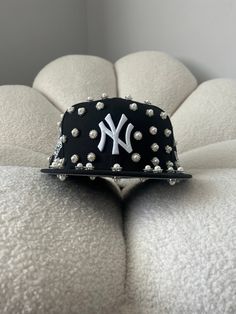 Each rhinestone is hand placed by me. Bling Hats Rhinestones, Bling Aesthetic Outfit, Pearl Fitted Hat, Fitted Hat Outfit Black Women, Street Wear Hats, Bedazzled Hat, Pearl Hat, Diy Hats, Rhinestone Hat