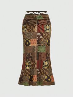 Patchwork Print Drawstring Ruched Skirt Multicolor Boho   Fabric Patchwork Mermaid Medium Stretch  Women Clothing, size features are:Bust: ,Length: ,Sleeve Length: Boho Inspo, Fabric Patchwork, Boho Fabric, Ruched Skirt, Natural Styles, Patchwork Print, Spring Skirts, Women Skirts, Mermaid Skirt