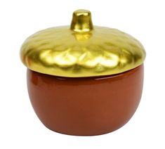 a brown bowl with a gold lid