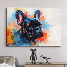 a painting of a french bulldog on a wall above a dresser with a teddy bear