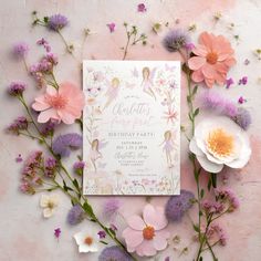 a birthday party card surrounded by flowers on a pink background with white and purple accents