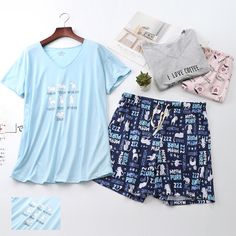 Women's Cute Cartoon Pajama Set Short Sleeve V Neck Tee Shorts Soft 2 Piece Pjs       Features:    Size: These are US size, please choose the item according to your size.         Size(inch)        S                   M                 L                 XL                 XXL             XXXL    Bust                38.58          40.16            42.52          45.67             51.18            55.12    Shoulder        18.11           18.90            20.47          21.65             25.59            26.77    Top Length     25.59           25.98           26.77          27.17             27.56            28.35    Pants Length  15.35          15.75           16.14          16.54             16.93            17.72    Waist         25.98-35.43   28.35-37.8  31.5-40.31   33.86-43.24   36.22-46 Casual Sets With Pockets For Sleepover, Casual Sleep Sets With Letter Print, Casual Letter Print Sleep Sets, Casual Sleepwear Sets With Shorts, Summer Letter Print Sleepwear Sets, Summer Sleepwear Sets With Letter Print, Summer Sleep Sets With Letter Print, Summer Letter Print Sleep Sets, Blue Letter Print Sleepwear For Loungewear