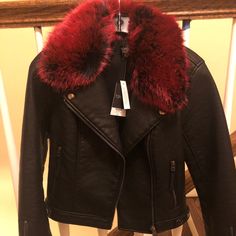 Topshop Jacket With Detachable Red Faux Fur. Size 4. Never Worn, Tags Still Attached. Retails For $100 Chic Faux Fur Outerwear With Zipper Closure, Chic Faux Fur Outerwear With Zipper, Trendy Faux Fur Leather Jacket For Fall, Red Winter Outerwear With Zipper Closure, Red Winter Outerwear With Zipper, Faux Fur Lined Leather Jacket For Fall, Trendy Fall Outerwear With Faux Fur Trim, Trendy Faux Fur Trim Outerwear For Fall, Chic Faux Fur Biker Jacket For Fall