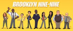 an animated group of people standing in front of a yellow background with the words brooklyn nine - nine on it