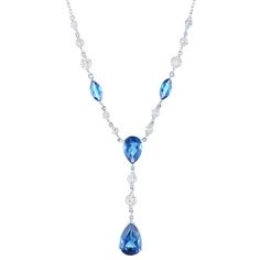 Sterling silver drop necklace with one 12x8 millimeter pear shaped blue topaz, one 10x7 millimeter pear shaped blue topaz, two 8x4 millimeter marquise shaped blue topaz, three 4 millimeter round lab created white sapphires, three 3 millimeter round lab created white sapphires, and six 2.50 millimeter round lab created white sapphires16.5 inch sterling silver cable chain | Blue Topaz & Lab Created White Sapphire Necklace | Sterling SIlver | Size 16.5" | Helzberg Diamonds Blue Teardrop Drop Necklace For Formal Occasions, Formal Blue Topaz Drop Necklace, Formal Blue Teardrop Drop Necklace, Blue Topaz Teardrop Necklace For Formal Occasions, Formal Blue Topaz Teardrop Necklace, Formal Teardrop Blue Topaz Necklace, Formal Blue Drop Necklace, Blue Topaz Pear-shaped Necklace, Formal Blue Topaz Teardrop Pendant Necklace