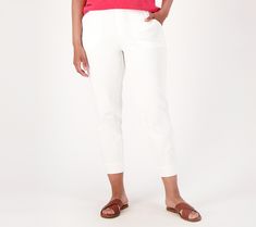 If jean-friendly looks are your jam, no need to go full stop when the sun's hot -- especially when you've got Denim & Co.'s knit denim crop pants. Invitingly lightweight with a decidedly drapey feel, these Comfy Knit Air crops are your summertime savior, sporting a relaxed pull-on style (no buttons or zips here!), a roomier straight-leg shape, and a knit fabrication with stretch that moves with you (not rigidly against you).  Now the dog days of summer won't require you to ditch your beloved den Cropped Denim Pants, Full Stop, Knit Denim, Summer Denim, Petite Pants, Twill Pants, Petite Jeans, Crop Pants, Black Print