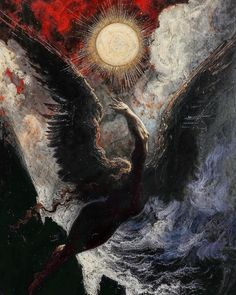 a painting of an eagle with the sun above it