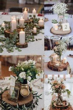 several pictures of different tables with candles and flowers on them, all decorated in rustic style