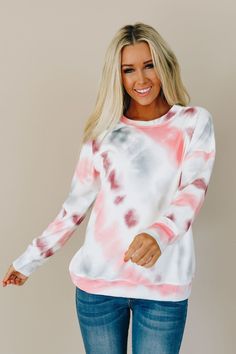 Fit is true to size. Loose Fit Sizing: Small 0-4 Medium 6-8 Large 10-12 XL 14-16 2XL 16-18 Comes in: Pink, Grey, & Blue Models are wearing a size small. 95% Polyester + 5% Spandex Tie Dye Crewneck, Tie Dye Blouse, Tie Dye Designs, Grey Blue, Crewneck Sweater, Pink Sweater, Blue Sweaters, Cute Casual Outfits, Plus Size Tops