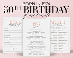 a birthday party game is shown with the words born in 1974 and an image of a woman