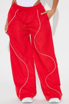 Available In Black And Red. Tracksuit Pant High Rise Elastic Waistband Contrast Seaming Detail Wide Leg Windbreaker Non Stretch 30" Inseam Shell: 55% Polyester 45% Nylon Imported | Next To You Windbreaker Track Pant in Red size XL by Fashion Nova Trendy Red Pants With Elastic Waistband, Red Athleisure Bottoms With Elastic Waistband, Red Sports Pants For Summer, Sporty Red Wide Leg Bottoms, Sporty Red Pants For Spring, Sporty Red Summer Pants, Red Sports Bottoms For Spring, Sporty Red Pants With Elastic Waistband, Red Nylon Sports Bottoms