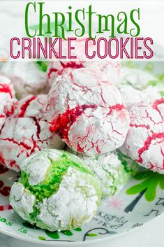 christmas crinkle cookies on a plate with green and red icing in the middle