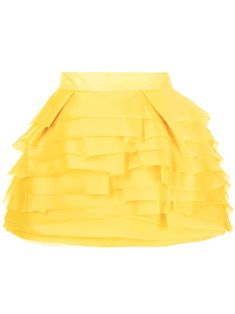 yellow silk fully ruffled organza panels rear zip fastening two side inset pockets Chic Organza Party Bottoms, Chic Silk Bottoms With Ruffles, Ruffled Tiered Mini Skirt For Evening, Evening Tiered Ruffle Mini Skirt, Evening Ruffled Tiered Mini Skirt, Chic Layered Party Bottoms, Chic Yellow Ruffled Bottoms, Chic Yellow Bottoms With Ruffles, Yellow Skirt For Summer Evening