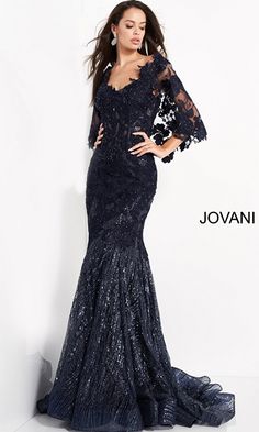 Long fitted mermaid dress with long 3/4 sleeves and all over lace floral applique details. Evening Wear Dresses, Formal Evening Gown, Formal Evening Wear, Trumpet Dress, Wedding Designer, Lace Prom Dress, Jovani Dresses, Lace Dress With Sleeves, Stunning Gowns