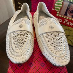 Tory Burch Woven Ballet Loafer In Purity /Silver , Bnib,Msrp$378 Includes Dustbag Smoke Free Home White Slip-on Loafers With Perforated Toe Box, White Slip-on Flats With Perforated Toe Box, Elegant White Loafers With Textured Sole, White Slip-on Flats For Formal Occasions, Formal White Slip-on Flats, White Formal Flats With Removable Insole, Formal White Flats With Removable Insole, Luxury White Formal Flats, Elegant Low-top Flats With Textured Sole