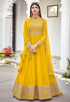 Yellow faux georgette abaya style anarkali suit 1320D  Desc:  Style : Long Anarkali Suits Color : Yellow Fabric : Faux Georgette Work : Embroidery Wash Care : Dry clean Sleeve Style : Quarter Sleeve Long Sleeves : Done only in Custom Stitch Sleeves Lining : Done only in Custom Stitch Bust Size : 32 to 42 Inches Occasion : Wedding   Christmas   Eid   Mehendi   Sangeet   Party Wear   Engagement   Reception   Ceremonial. With Express Free Shipping and Custom Stitching, Buy Indian Party wedding wear Yellow Anarkali Suits, Long Anarkali Dress, Yellow Anarkali, Indian Anarkali, Anarkali Dresses, Georgette Anarkali, Long Anarkali, Gown Suit, Party Wear Gown