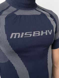 Navy/grey logo-print T-shirt from MISBHV featuring logo print at the chest, high neck, short sleeves and stretch-design. | Misbhv logo-print T-shirt Moisture-wicking Short Sleeve T-shirt, Stretch Sports T-shirt With Text Print, Blue Technical Workout T-shirt, Athleisure Stretch T-shirt With Logo Print, Technical Athletic Fit Short Sleeve T-shirt, Misbhv Outfit Men, Blue Technical Sports T-shirt, Gray Short Sleeve Sportswear T-shirt, Breathable Graphic Tee Short Sleeve