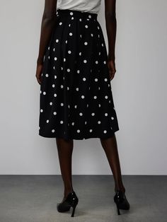 Polka Dot Skirt | NY&Co Polka Dot Lined Midi Skirt, Elegant Polka Dot Skirt For Spring, Polka Dot Relaxed Midi Skirt, Polka Dot Pleated Skirt For Party, Polka Dot Pleated Party Skirt, Pleated Polka Dot Skirt For Party, Polka Dot Knee-length Skirt For Summer, Party Polka Dot Pleated Skirt, Flowy Polka Dot Midi Skirt