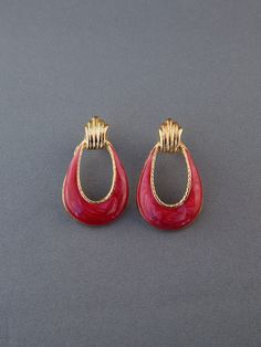 Chunky Earrings, Raspberry Red, Earrings Red, Red Earrings, Enamel Earrings, Door Knockers, Metal Earrings, Pierced Earrings, Red And Gold