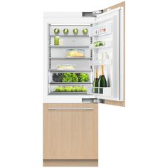 an open refrigerator with vegetables and drinks in it's door, on a white background