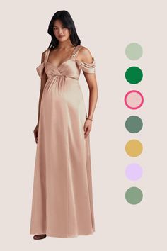 a woman in a long dress standing next to color swatches and the image shows an off - shoulder gown