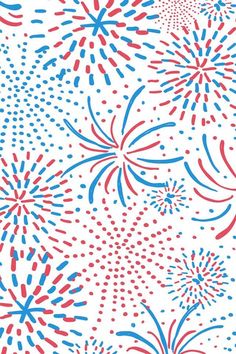 red, white and blue fireworks on a white background with dots in the shape of stars