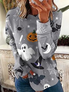 Gray Casual Graphic Tops Round Neck Long Sleeve Halloween Printed Sweatshirts Halloween Hoodies, Cat Prints, Casual Halloween, Halloween Tattoo, Halloween Hoodie, Graphic Tops, Halloween Sweatshirt, Halloween Prints, Boho Stil