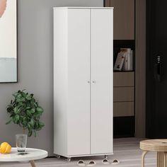 a white cabinet sitting in the middle of a living room next to a potted plant