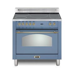 a blue stove with two burners and one oven door open, on a white background