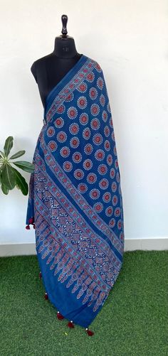 a blue and red sari with an intricate design on the border, is displayed in front of a white wall